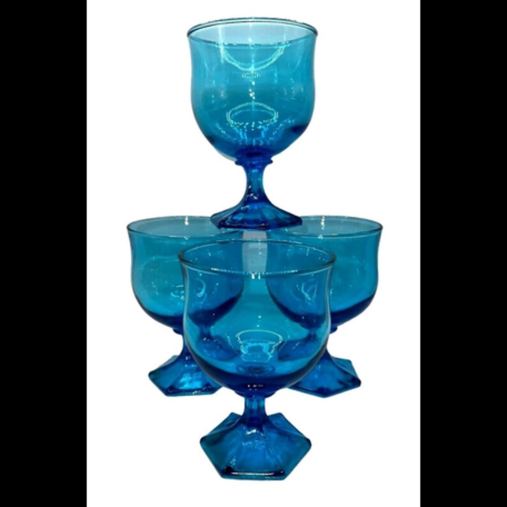Vintage 1970s MCM Anchor Hocking Flair Blue Champagne Glasses Set of 4